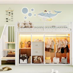 Redom Lit mezzanine 90x200 cm avec 2 tiroirs et vestiaire ouvert, LED multicolore, structure métal*Enfant Lit Enfant