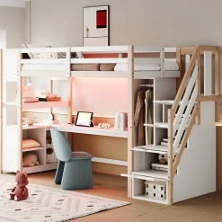Lit mezzanine 90x200 cm avec armoire et bureau - avec escalier et prises électriques - LED - naturel (sans matelas)>ModernLuxe Clearance