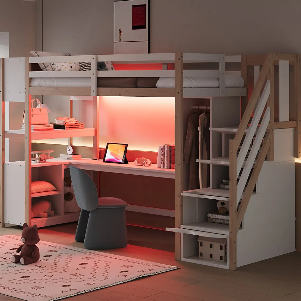 Lit mezzanine 90x200 cm avec armoire et bureau - avec escalier et prises électriques - LED - naturel (sans matelas)>ModernLuxe Clearance