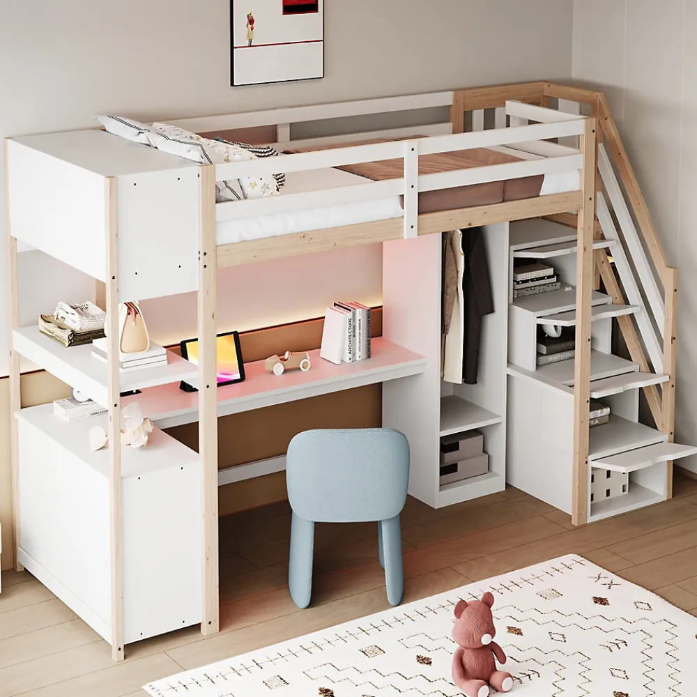 Lit mezzanine 90x200 cm avec armoire et bureau - avec escalier et prises électriques - LED - naturel (sans matelas)>ModernLuxe Clearance