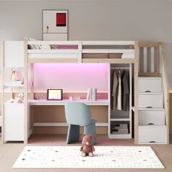 Lit mezzanine 90x200 cm avec armoire et bureau - avec escalier et prises électriques - LED - naturel (sans matelas)><noscript><img width=