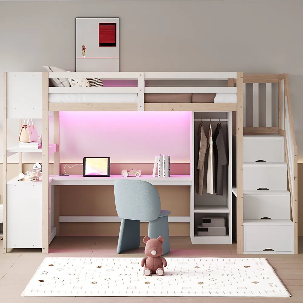 Lit mezzanine 90x200 cm avec armoire et bureau - avec escalier et prises électriques - LED - naturel (sans matelas)>ModernLuxe Clearance