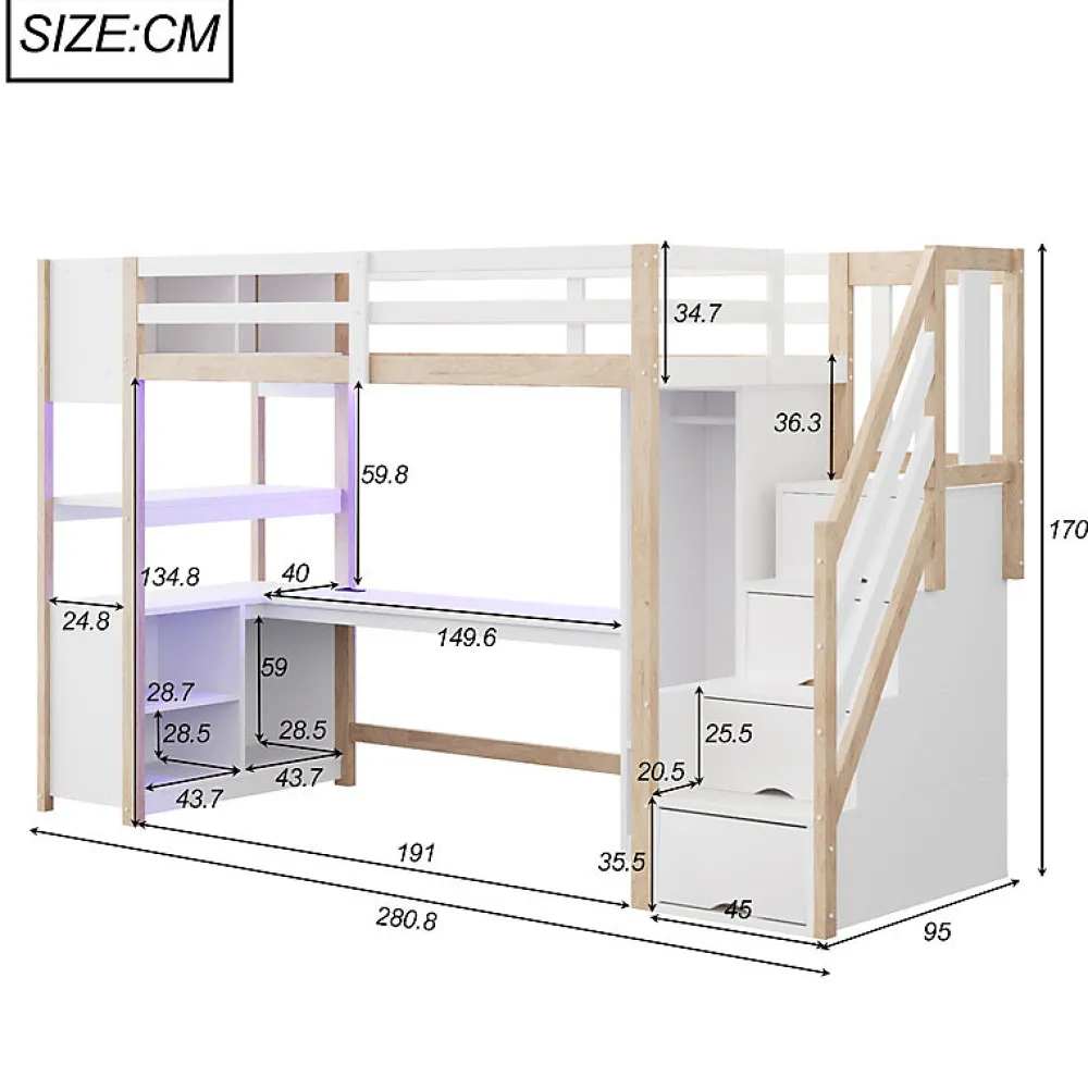 Lit mezzanine 90x200 cm avec armoire et bureau - avec escalier et prises électriques - LED - naturel (sans matelas)>ModernLuxe Clearance