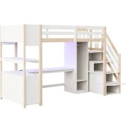 Lit mezzanine 90x200 cm avec armoire et bureau - avec escalier et prises électriques - LED - naturel (sans matelas)><noscript><img width=