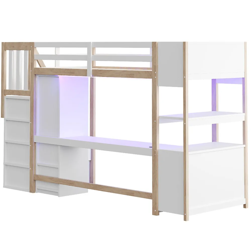 Lit mezzanine 90x200 cm avec armoire et bureau - avec escalier et prises électriques - LED - naturel (sans matelas)>ModernLuxe Clearance