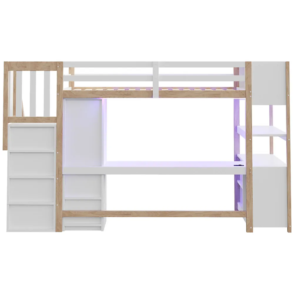 Lit mezzanine 90x200 cm avec armoire et bureau - avec escalier et prises électriques - LED - naturel (sans matelas)>ModernLuxe Clearance