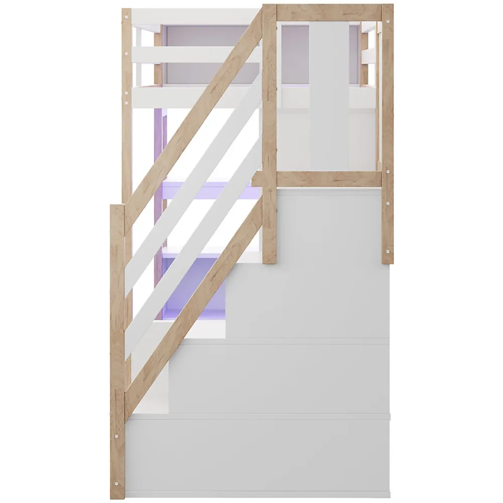 Lit mezzanine 90x200 cm avec armoire et bureau - avec escalier et prises électriques - LED - naturel (sans matelas)>ModernLuxe Clearance