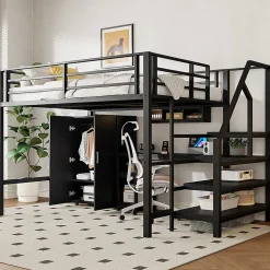 Aapaas Lit mezzanine 140x200 cm avec armoire étagères bureau et échelle noire sans matelas*Enfant Lit Enfant
