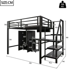 Aapaas Lit mezzanine 140x200 cm avec armoire étagères bureau et échelle noire sans matelas*Enfant Lit Enfant