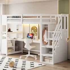 Lit mezzanine 90x200 cm avec armoire et bureau - avec escalier et prises électriques - LED - blanc (sans matelas)>ModernLuxe Sale