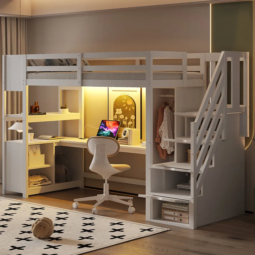 Lit mezzanine 90x200 cm avec armoire et bureau - avec escalier et prises électriques - LED - blanc (sans matelas)>ModernLuxe Sale