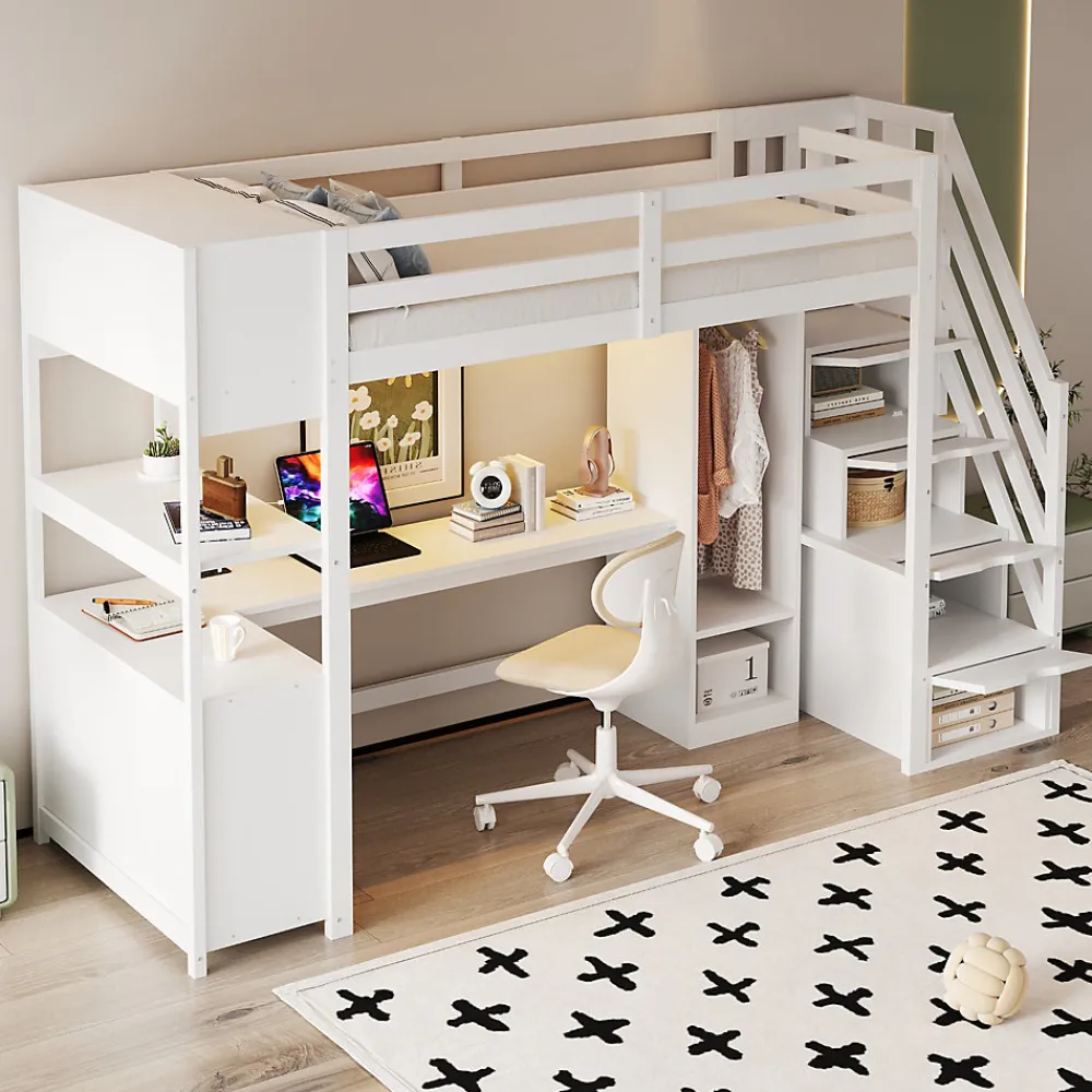 Lit mezzanine 90x200 cm avec armoire et bureau - avec escalier et prises électriques - LED - blanc (sans matelas)>ModernLuxe Sale