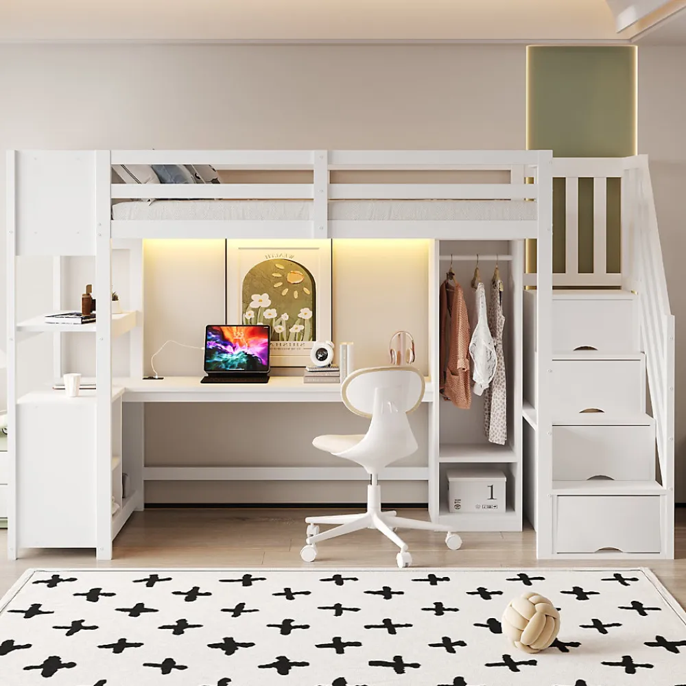 Lit mezzanine 90x200 cm avec armoire et bureau - avec escalier et prises électriques - LED - blanc (sans matelas)>ModernLuxe Sale