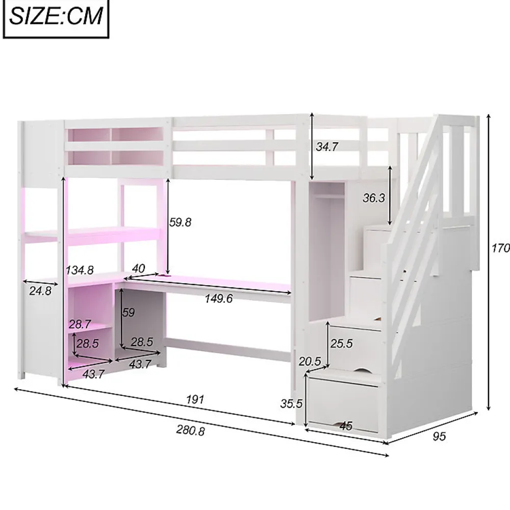 Lit mezzanine 90x200 cm avec armoire et bureau - avec escalier et prises électriques - LED - blanc (sans matelas)>ModernLuxe Sale