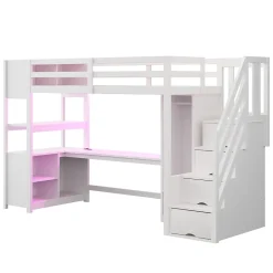 Lit mezzanine 90x200 cm avec armoire et bureau - avec escalier et prises électriques - LED - blanc (sans matelas)><noscript><img width=