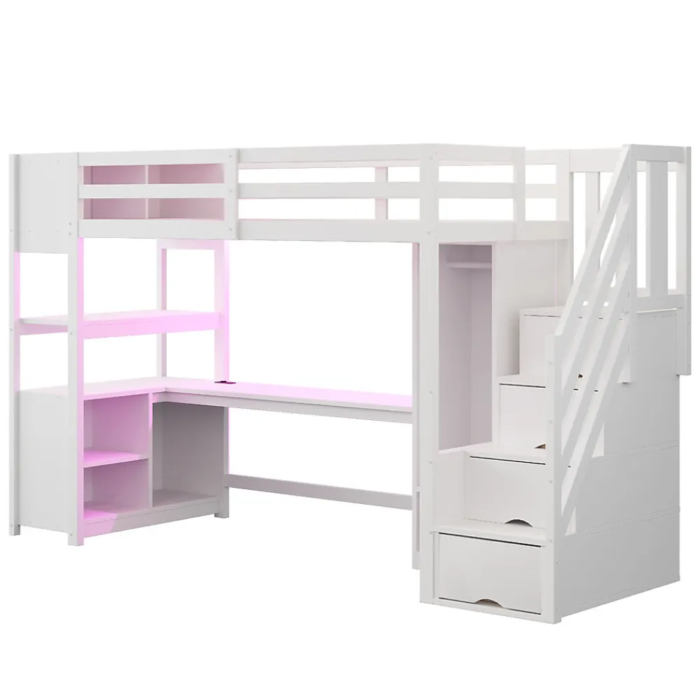 Lit mezzanine 90x200 cm avec armoire et bureau - avec escalier et prises électriques - LED - blanc (sans matelas)>ModernLuxe Sale
