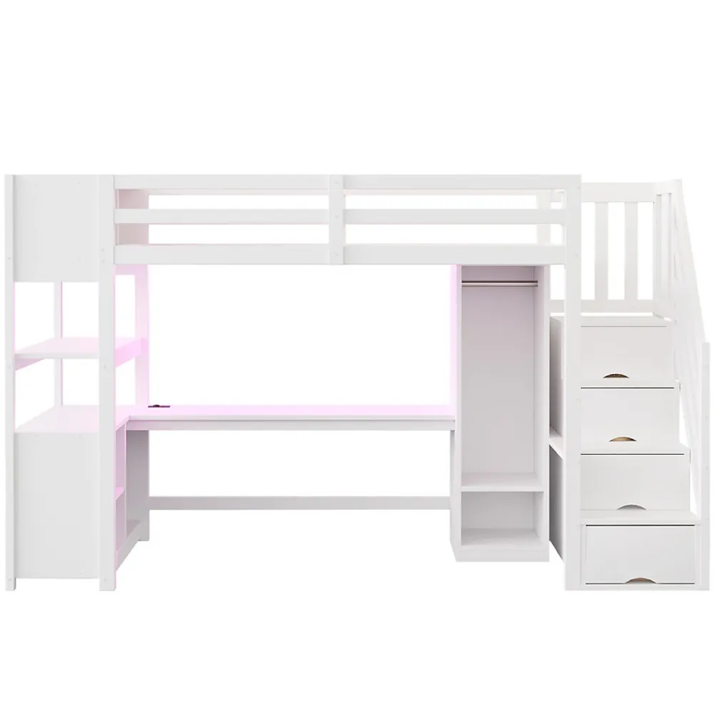 Lit mezzanine 90x200 cm avec armoire et bureau - avec escalier et prises électriques - LED - blanc (sans matelas)>ModernLuxe Sale