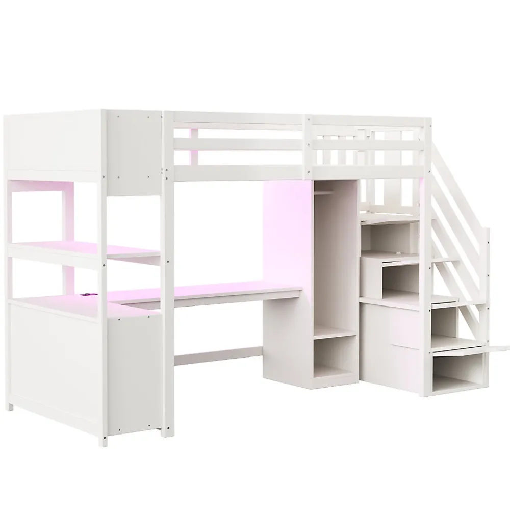 Lit mezzanine 90x200 cm avec armoire et bureau - avec escalier et prises électriques - LED - blanc (sans matelas)>ModernLuxe Sale