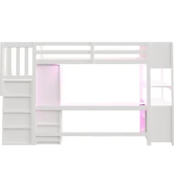 Lit mezzanine 90x200 cm avec armoire et bureau - avec escalier et prises électriques - LED - blanc (sans matelas)><noscript><img width=