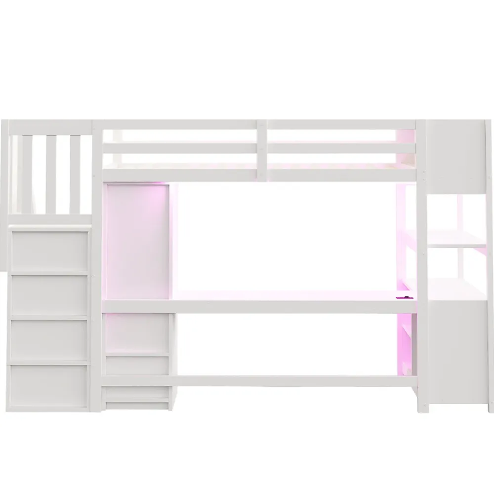 Lit mezzanine 90x200 cm avec armoire et bureau - avec escalier et prises électriques - LED - blanc (sans matelas)>ModernLuxe Sale