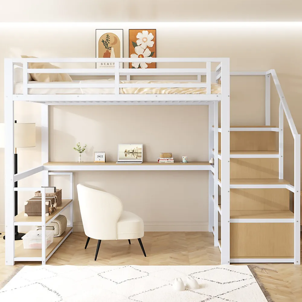Lit Mezzanine 140x200 cm avec Bureau et Rangement, Métal+MDF, Blanc - Sans Matelas>Okwish Sale
