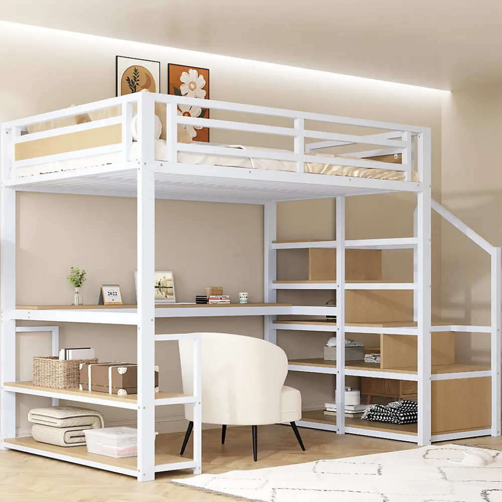 Lit Mezzanine 140x200 cm avec Bureau et Rangement, Métal+MDF, Blanc - Sans Matelas>Okwish Sale