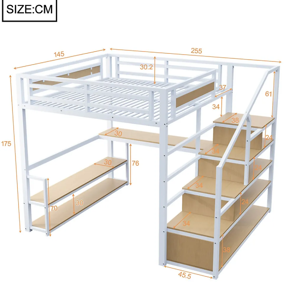 Lit Mezzanine 140x200 cm avec Bureau et Rangement, Métal+MDF, Blanc - Sans Matelas>Okwish Sale