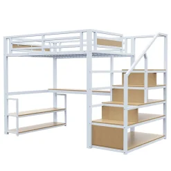 Lit Mezzanine 140x200 cm avec Bureau et Rangement, Métal+MDF, Blanc - Sans Matelas><noscript><img width=
