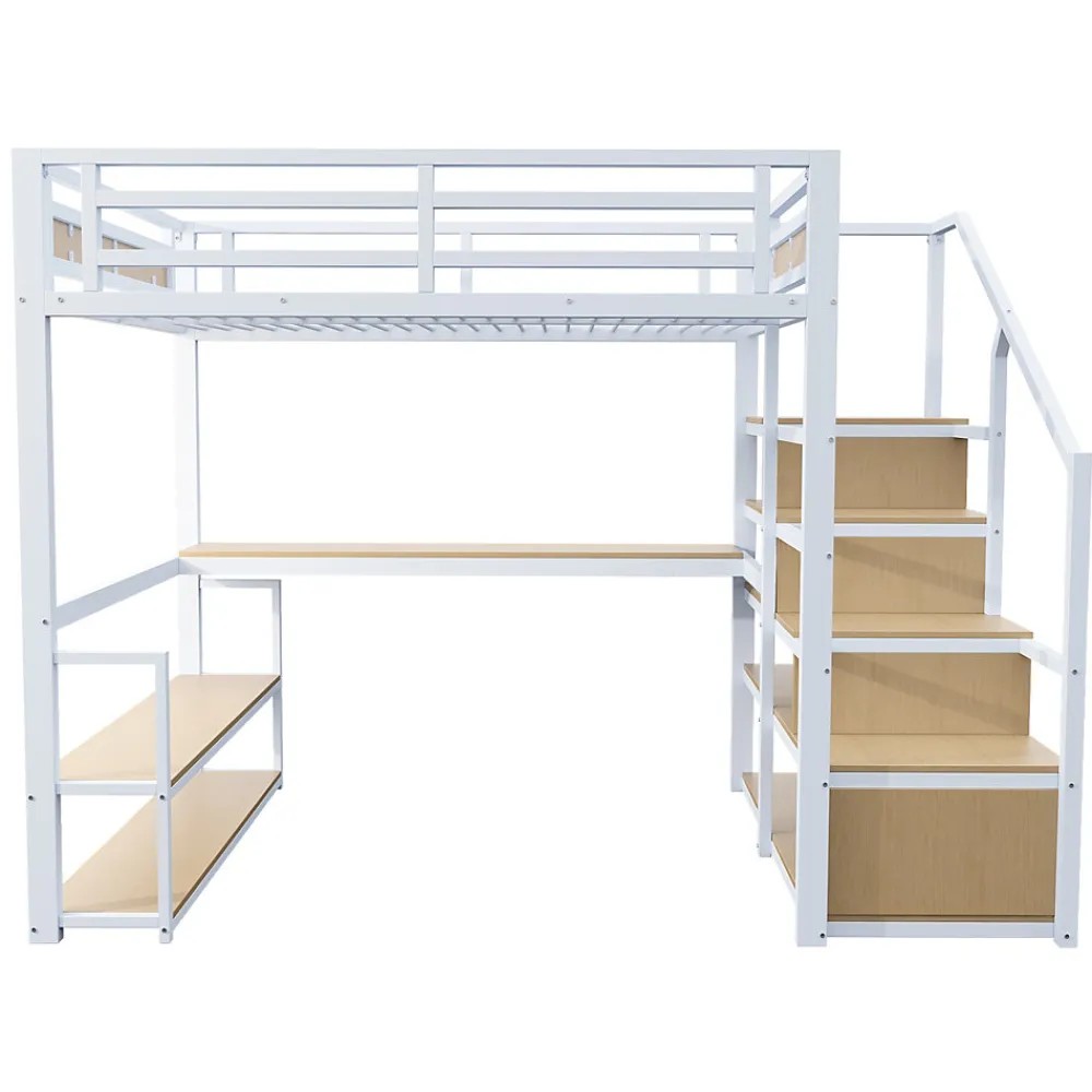 Lit Mezzanine 140x200 cm avec Bureau et Rangement, Métal+MDF, Blanc - Sans Matelas>Okwish Sale