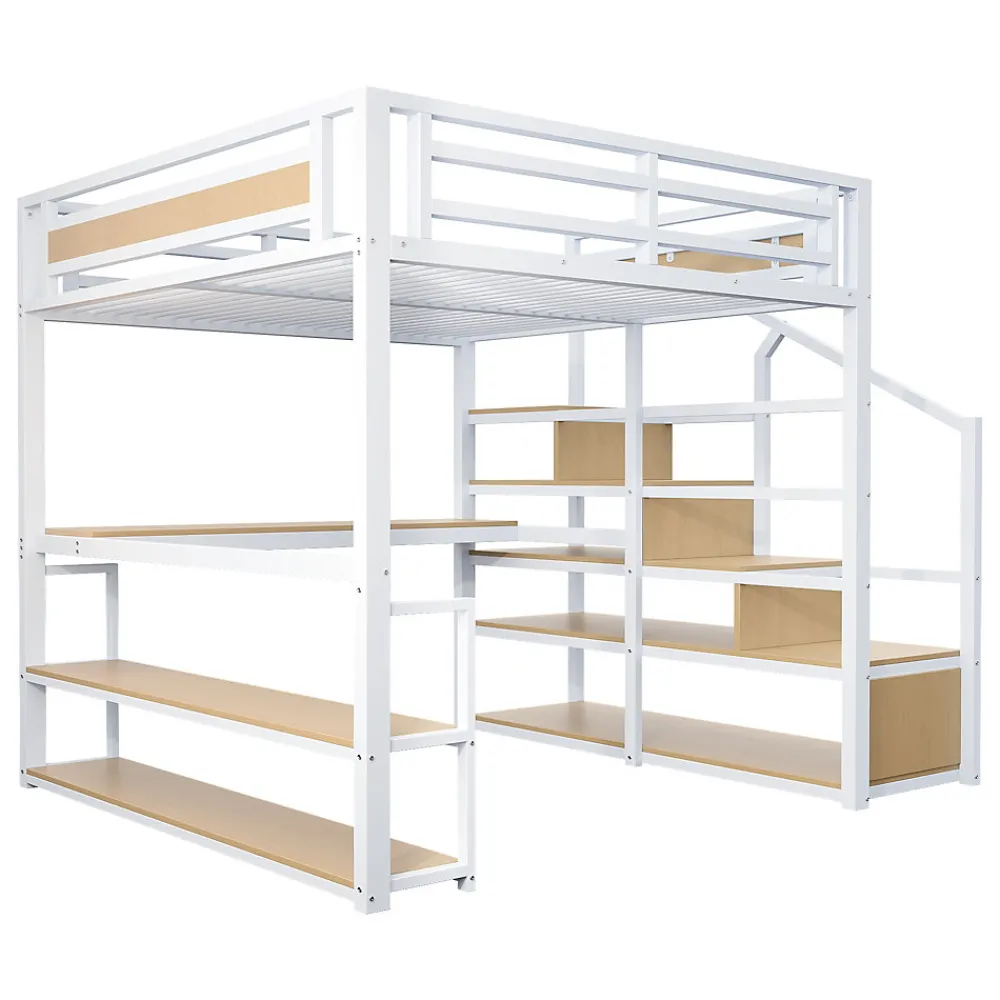 Lit Mezzanine 140x200 cm avec Bureau et Rangement, Métal+MDF, Blanc - Sans Matelas>Okwish Sale