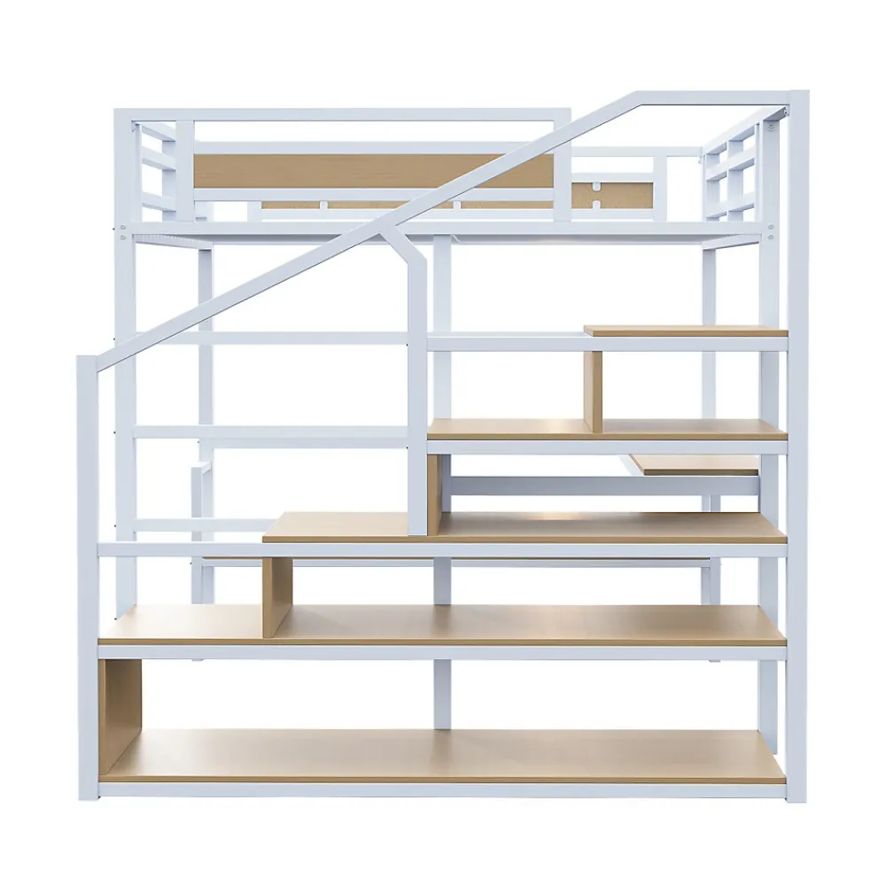 Lit Mezzanine 140x200 cm avec Bureau et Rangement, Métal+MDF, Blanc - Sans Matelas>Okwish Sale