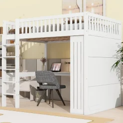 Redom Lit mezzanine 140x200 cm avec bureau intégré, armoire et 3 tiroirs fonctionnels en pin blanc*Enfant Lit Enfant