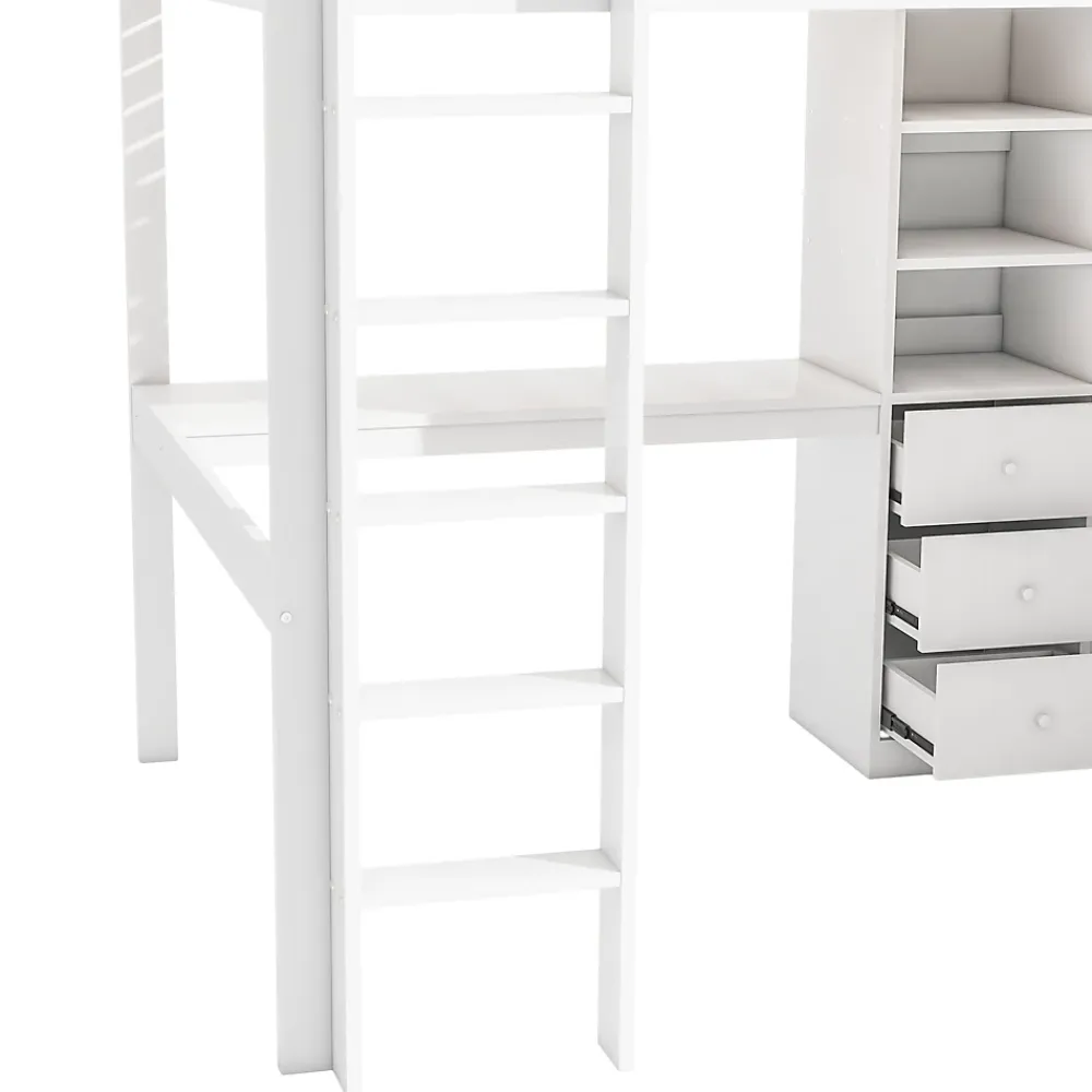 Redom Lit mezzanine 140x200 cm avec bureau intégré, armoire et 3 tiroirs fonctionnels en pin blanc*Enfant Lit Enfant