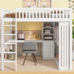 Redom Lit mezzanine 140x200 cm avec bureau intégré, armoire et 3 tiroirs fonctionnels en pin blanc*Enfant Lit Enfant