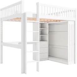 Redom Lit mezzanine 140x200 cm avec bureau intégré, armoire et 3 tiroirs fonctionnels en pin blanc*Enfant Lit Enfant