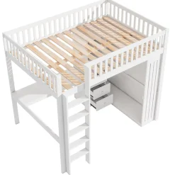 Redom Lit mezzanine 140x200 cm avec bureau intégré, armoire et 3 tiroirs fonctionnels en pin blanc*Enfant Lit Enfant