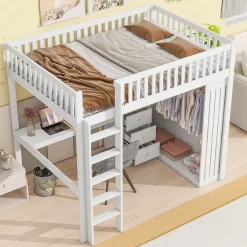 Redom Lit mezzanine 140x200 cm avec bureau intégré, armoire et 3 tiroirs fonctionnels en pin blanc*Enfant Lit Enfant