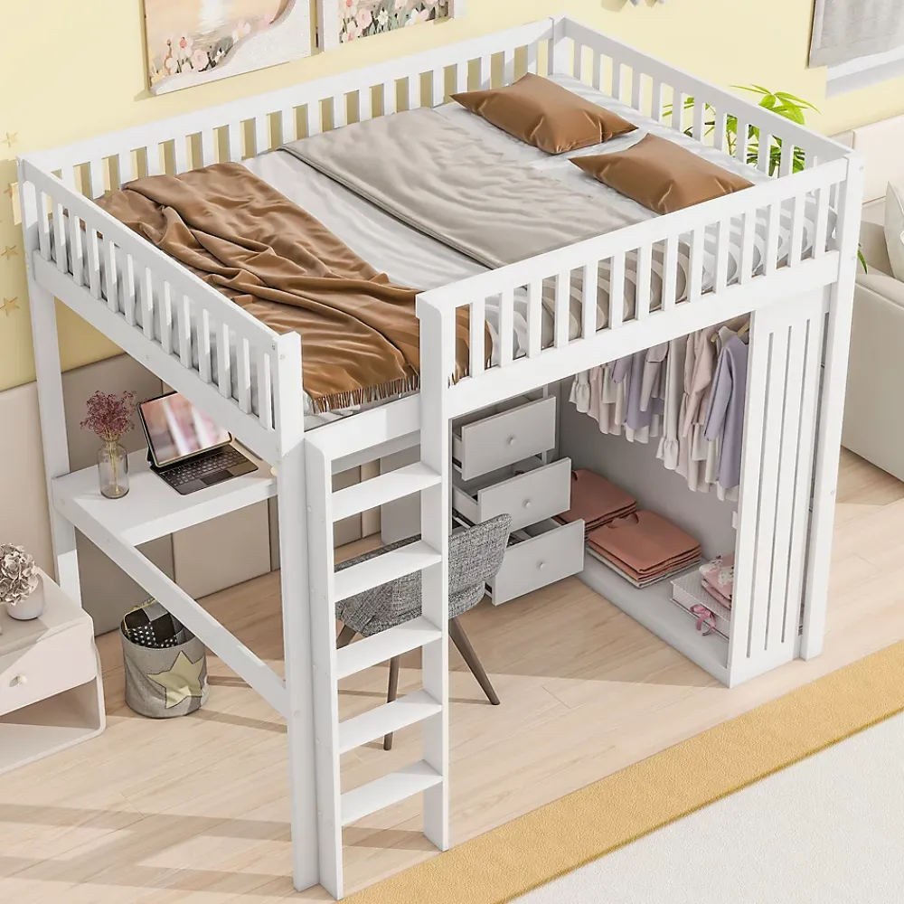 Redom Lit mezzanine 140x200 cm avec bureau intégré, armoire et 3 tiroirs fonctionnels en pin blanc*Enfant Lit Enfant