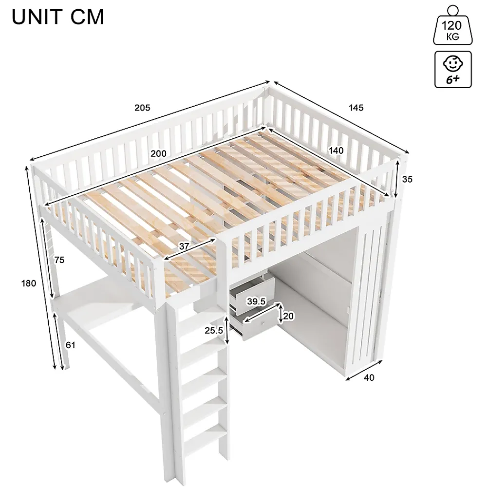Redom Lit mezzanine 140x200 cm avec bureau intégré, armoire et 3 tiroirs fonctionnels en pin blanc*Enfant Lit Enfant