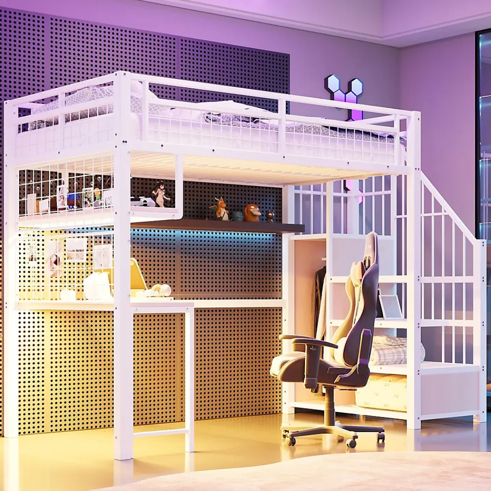 Redom Lit mezzanine 90x200 cm avec bureau intégré, étagères et marche de rangement, structure métal blanche*Enfant Lit Enfant