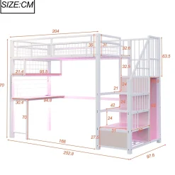 Redom Lit mezzanine 90x200 cm avec bureau intégré, étagères et marche de rangement, structure métal blanche*Enfant Lit Enfant
