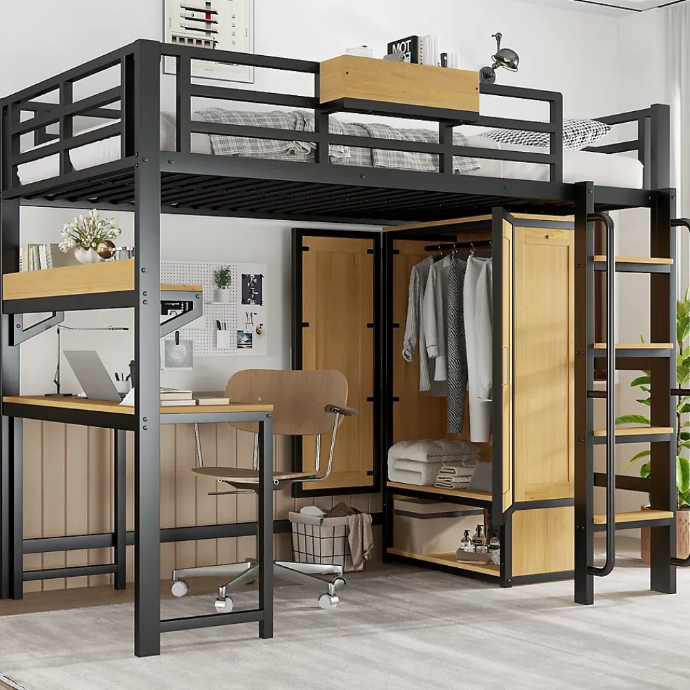 ModernLuxe Lit mezzanine 90x200 cm avec bureau et étagère - armoire à portes doubles et échelle - Métal+MDF - Noir+Naturel (sans matelas)* Lit Mezzanine