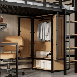 ModernLuxe Lit mezzanine 90x200 cm avec bureau et étagère - armoire à portes doubles et échelle - Métal+MDF - Noir+Naturel (sans matelas)* Lit Mezzanine