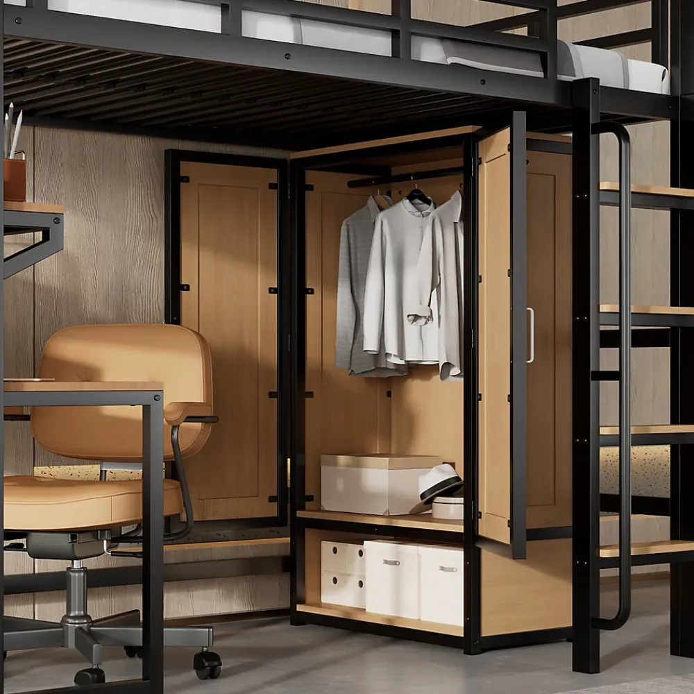 ModernLuxe Lit mezzanine 90x200 cm avec bureau et étagère - armoire à portes doubles et échelle - Métal+MDF - Noir+Naturel (sans matelas)* Lit Mezzanine