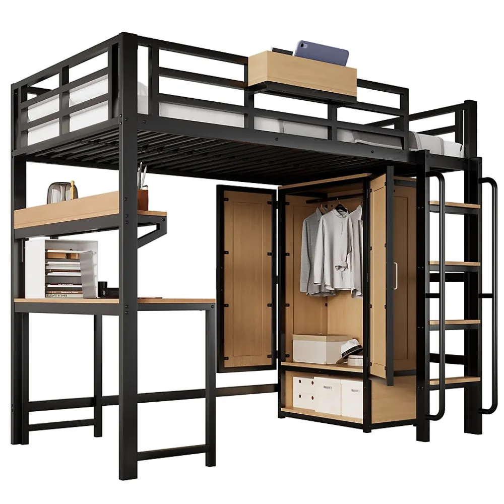 ModernLuxe Lit mezzanine 90x200 cm avec bureau et étagère - armoire à portes doubles et échelle - Métal+MDF - Noir+Naturel (sans matelas)* Lit Mezzanine