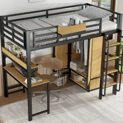 ModernLuxe Lit mezzanine 90x200 cm avec bureau et étagère - armoire à portes doubles et échelle - Métal+MDF - Noir+Naturel (sans matelas)* Lit Mezzanine