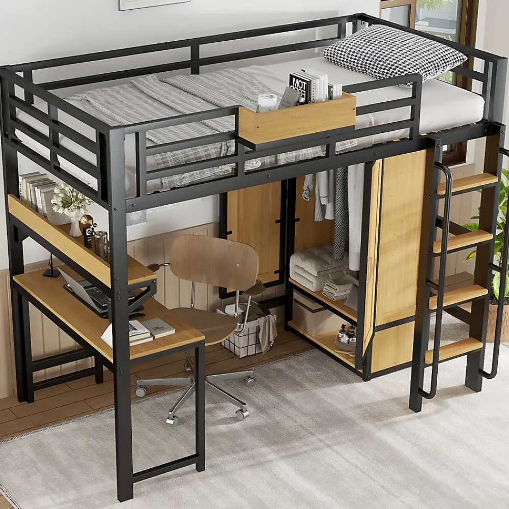 ModernLuxe Lit mezzanine 90x200 cm avec bureau et étagère - armoire à portes doubles et échelle - Métal+MDF - Noir+Naturel (sans matelas)* Lit Mezzanine