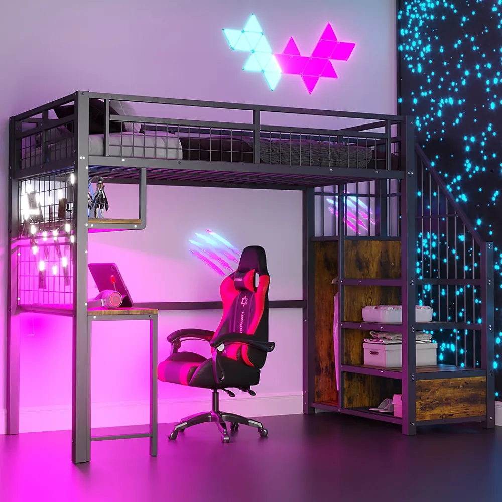 Lit mezzanine 90x200 cm avec bureau intégré, étagères et échelle de rangement en métal noir pour chambre ado>Redom Hot