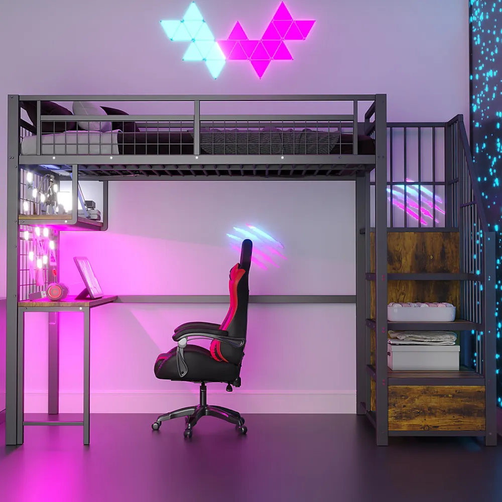 Lit mezzanine 90x200 cm avec bureau intégré, étagères et échelle de rangement en métal noir pour chambre ado>Redom Hot