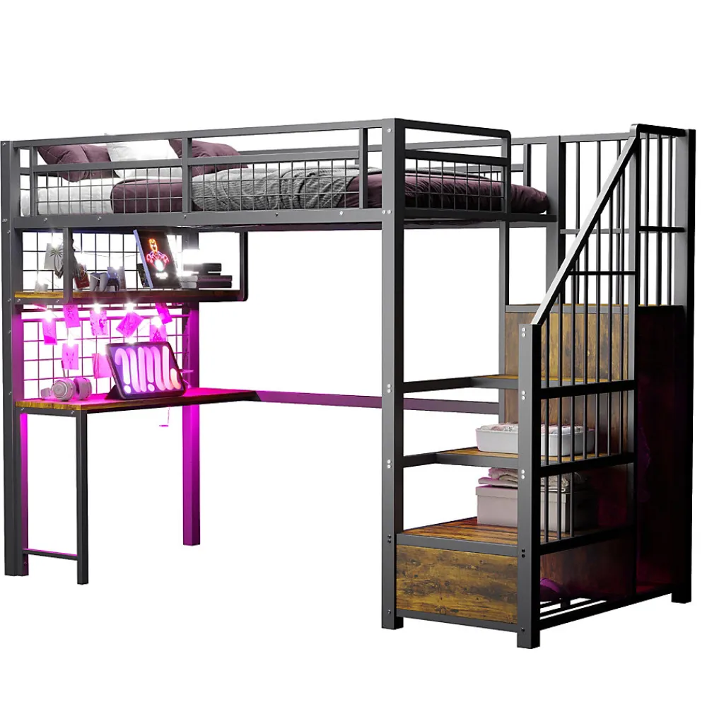 Lit mezzanine 90x200 cm avec bureau intégré, étagères et échelle de rangement en métal noir pour chambre ado>Redom Hot
